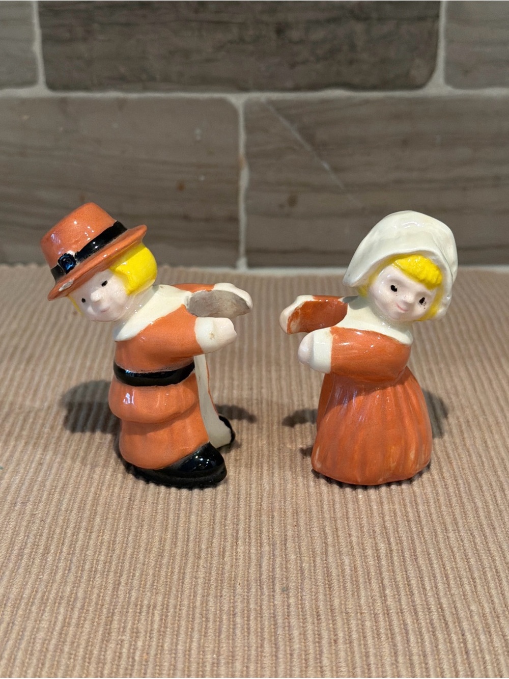 Vintage Thanksgiving Pilgrim Boy Girl Ceramic Taper Candle Holders Set Pair